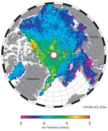 Mapa detallado del grosor de los hielos en en Ártico realizado con los datos del satélite CryoSat.