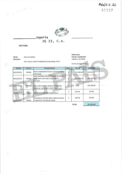 Factura de joyería abonada por el corredor de seguros venezolano José Luis Zabala.