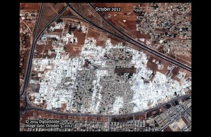 Imagem de satélite do bairro Masha el Arbeen, em Hama, do dia 3 de outubro de 2012, na qual aparecem grandes áreas destruídas (as manchas brancas) em comparação com a mesma imagem do dia 28 de setembro (foto anterior). O Governo sírio não dá assistência aos proprietários das casas e locais demolidos.