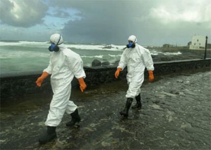 Dos voluntarios con mascarillas atraviesan el puerto de Muxia.