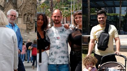 "Turistas excursionistas en Barcelona: desde la izquierda, dos parejas de franceses que están en la Costa Brava, tres amigos italianos de crucero en Barcelona, y una familia de Brasil de viaje de trabajo".