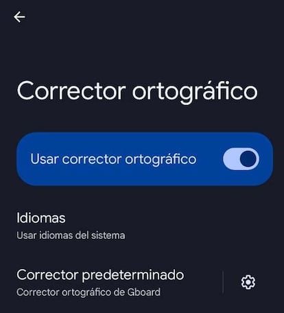 Opciones del corrector ortográfico en el sistema operativo Android