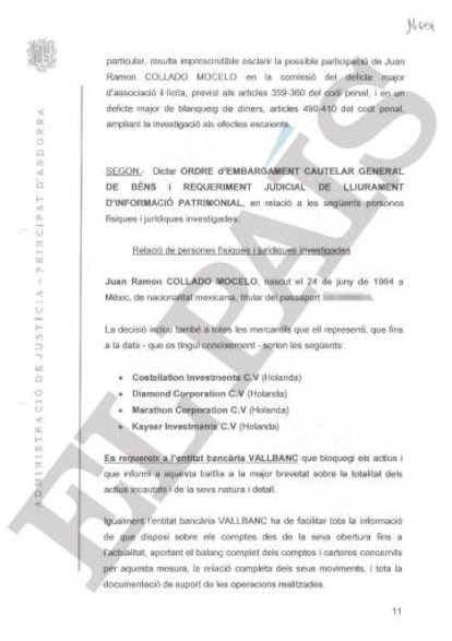 A page from the court document ordering a freeze on assets held in Andorra by Collado and companies under his control.