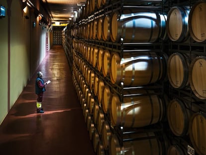 Barricas de roble americano de la bodega Félix Solís, en Valdepeñas.