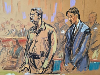 Boceto de Juan Orlando Hernández en la Corte Federal de Manhattan, en Nueva York, el 26 de junio 2024.