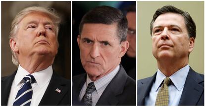 Combinaci&oacute;n de fotograf&iacute;as de Trump, Flynn y Comey