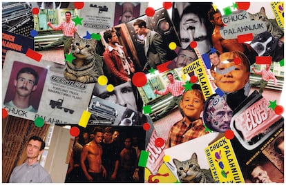 Collage that mixes photos of the writer Chuck Palahniuk at different times in his life with images of film adaptations of his books such as 'Fight Club'