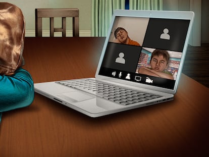 Nine hours in front of a computer: An 11-year-old waits his turn in a mass hearing for migrant minors