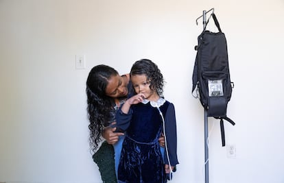 Deysi Vargas and her daughter Sofia, with the backpack that carries her medicine, in California on May 21.