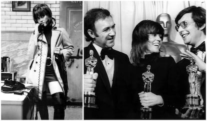 En 1972, Jane Fonda ganó el primer Oscar de su carrera por su trabajo en la película ‘Klute’. En la imagen, en su papel como Bree Daniels y, a la derecha, junto a Gene Hackman, Oscar al mejor actor, y William Friedkin, Oscar al mejor director, tras los premios de la Academia. 