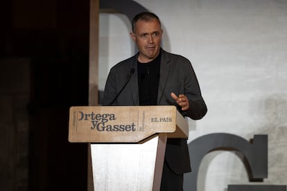 El periodista Mikel Ayestarán, durante su discurso como galardonado.