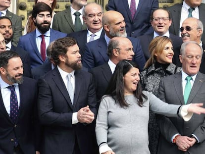 El presidente de Vox, Santiago Abascal (i) junto con los otros 51 diputados electos de la formación posan en la escalinata del Congreso. 