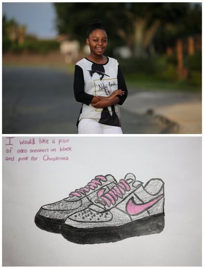 Esta combinación muestra a Palesa Vinger, de 12 años (Johannesburgo, Sudáfrica), y su dibujo que representa lo que quiere por Navidad: unas zapatillas Nike.