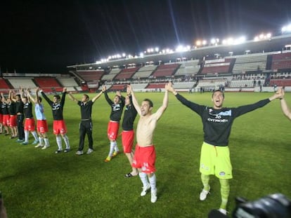 Los jugadores del Celta celebrando el triunfo en Tarragona