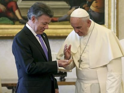 Pope Francis meets with Colombian President Juan Manuel Santos at the Vatican.