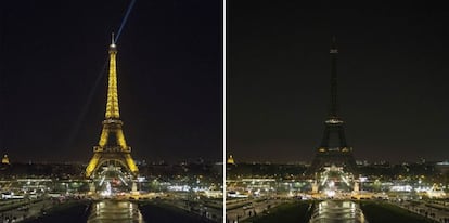 La Torre Eiffel de Par&iacute;s, antes y durante el apag&oacute;n simb&oacute;lico el a&ntilde;o pasado con motivo de la Hora del Planeta, iniciativa impulsada por WWF. 