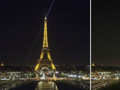 La Torre Eiffel de Par&iacute;s, antes y durante el apag&oacute;n simb&oacute;lico el a&ntilde;o pasado con motivo de la Hora del Planeta, iniciativa impulsada por WWF. 