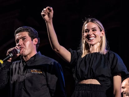 Mariana Rodríguez and Samuel García celebrating his victory in Monterrey on June 7.