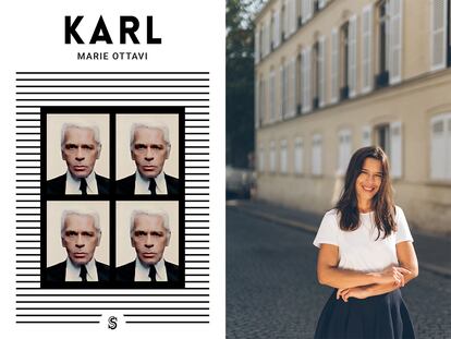 La periodista Marie Ottavi y la portada de su biografía Karl (ed. Superflua).