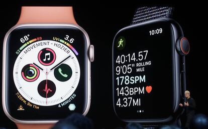 Apple CEO Tim Cook speaks about Apple Watch at the Apple Worldwide Developers Conference in San Jose, Calif., Monday, June 3, 2019. (AP Photo/Jeff Chiu)