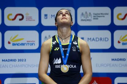 Marín, en el podio con la medalla de oro tras conquistar su nuevo triunfo.