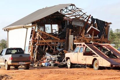 A damaged home is seen in the aftermath of severe weather, Thursday, Jan. 12, 2023, near Prattville, Alabama.