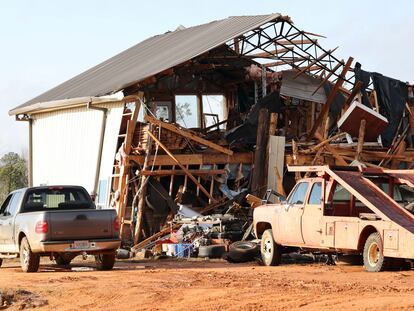 A damaged home is seen in the aftermath of severe weather, Thursday, Jan. 12, 2023, near Prattville, Alabama.