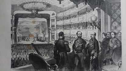 Dibujo de una representación en el teatro El Oriente, de Madrid.