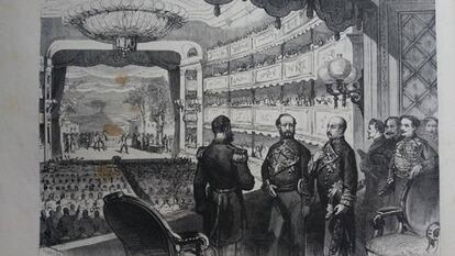 Dibujo de una representación en el teatro El Oriente, de Madrid.