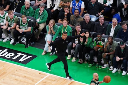 Celtics coach Joe Mazzulla gives instructions to his players from the sideline in Game 2 of the Finals at TD Garden.