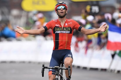 El italiano Vincenzo Nibali celebra su victoria en la penúltima etapa del Tour de Francia, este sábado.  