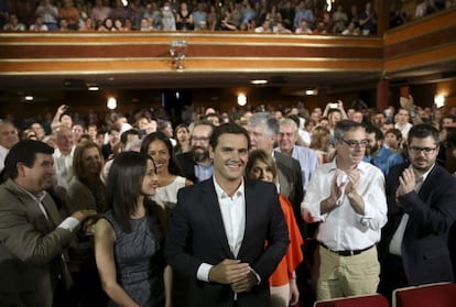 In&eacute;s Arrimadas, Albert Rivera y Jos&eacute; Manuel Villegas, el domingo en Madrid.