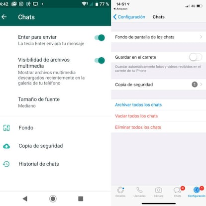 Los ajustes de WhatsApp en Android a la izquierda, y en iOS a la derecha