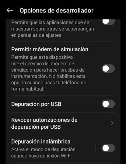 Opción de depuración USB en Android