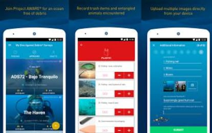 Capturas de Project AWARE Marine Debris App.