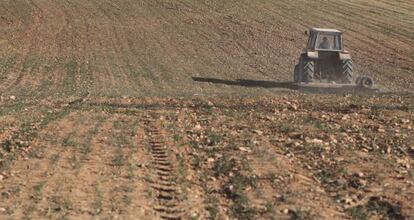 Un tractor trabaja un campo seco por falta de lluvia.