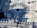 Vista general desde el helicóptero de la Policía Nacional durante el homenaje de Estado a las víctimas de la pandemia de coronavirus y a los colectivos que le han hecho frente en primera línea en el Patio de la Armería del Palacio Real en Madrid este jueves.