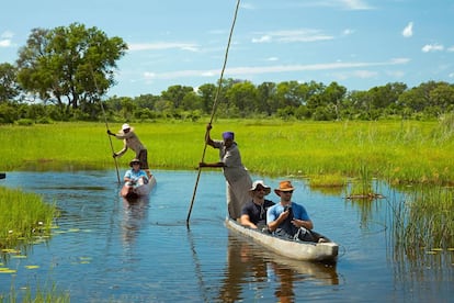 Turistas montados en 'mokoros' (canoas) exploran el delta del Okavango.