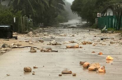 Fotografía que muestra una calle obstruida durante la entrada del huracán Beryl, en el municipio de Felipe Carrillo Puerto en Quintana Roo (México).