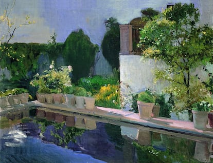 La alberca, Alcázar de Sevilla, 1910  Óleo sobre lienzo, 82,5 x 105,5 cm  Madrid, Museo Sorolla [inv. 854]  BPS 2544