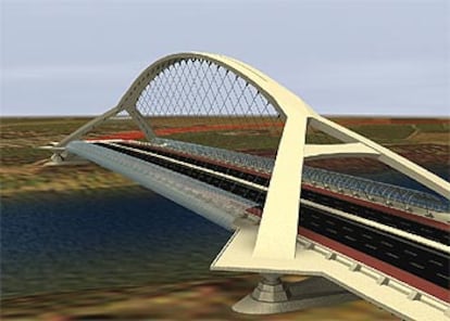 Imagen virtual del puente del Tercer Milenio sobre el Ebro en Zaragoza (215 metros de luz), de Juan José Arenas (2002).