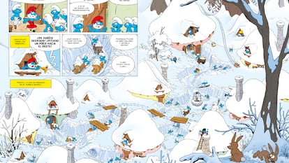 Una doble página de 'La tormenta blanca', la entrega número 40 de la serie de cómics de 'Los Pitufos', de Alain Jost, Thierry Culliford y Alain Maury, editado en España por Norma.