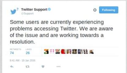 Tuit de Twitter en el qual informa dels problemes del seu servei.
