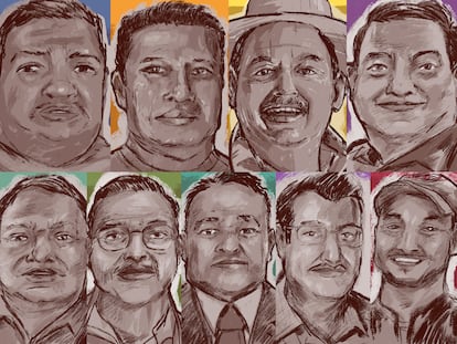 De izquierda a derecha, por arriba: Benjamín Morales, Alfredo Cardoso, Fredy López y Gerry Aranda; por abajo: Gustavo Sánchez, Jacinto Romero, Manuel González, Ricardo López y Saúl Tijerina. Los nueve periodistas asesinados en México durante el año 2021.