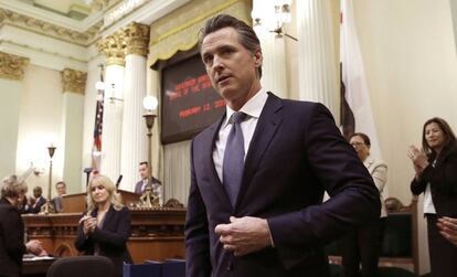 Gavin Newsom, durante el discurso en la Asamblea de California, el pasado 12 de febrero.