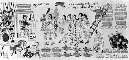 La entrevista entre el conquistador Hernán Cortés, la Malinche y el emperador azteca Moctezuma, ilustración del códice de Tlaxcala.