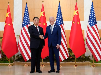 US President Joe Biden shakes hands with his Chinese counterpart Xi Jinping before their meeting on the sidelines of the G20 summit in Bali, Indonesia.