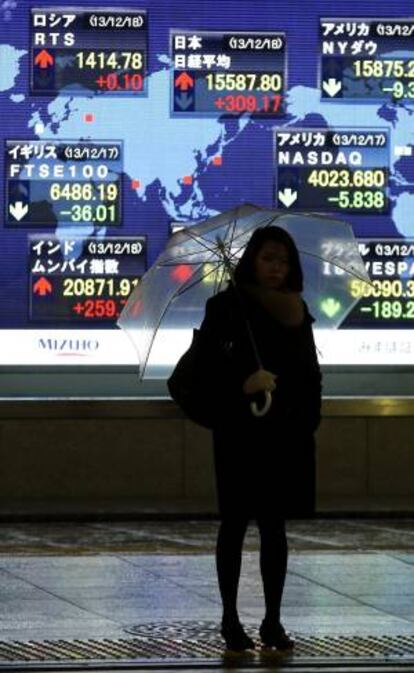 Una pantalla muestra información de la bolsa en Tokio (Japón).