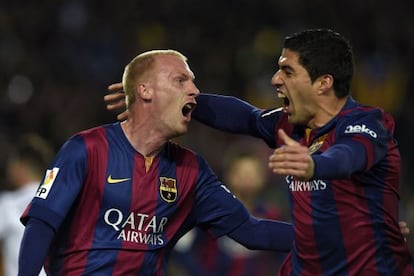 Jeremy Mathieu celebra su gol ante el Real Madrid.