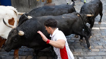 Los mozos son perseguidos por toros de la ganadería de Jandilla, durante el sexto encierro de los Sanfermines.